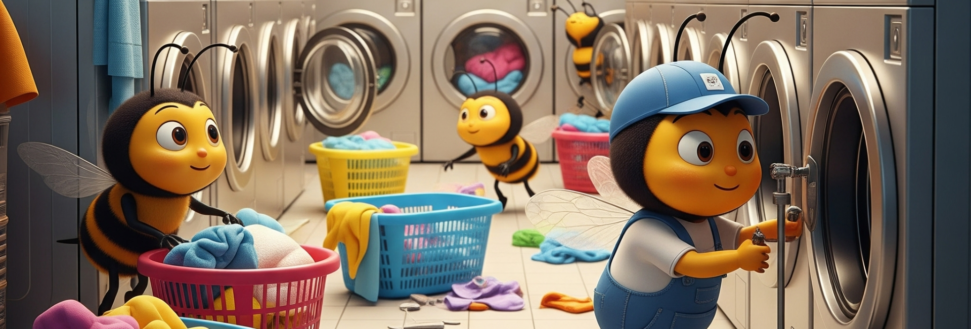 Worker Bee Repairing Machine In Busy Laundromat 1920X650